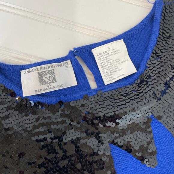 Anne Klein Vintage Blue & Black Sequin Cotton Crew Neck Pullover Sweater Size S - Picture 3 of 5